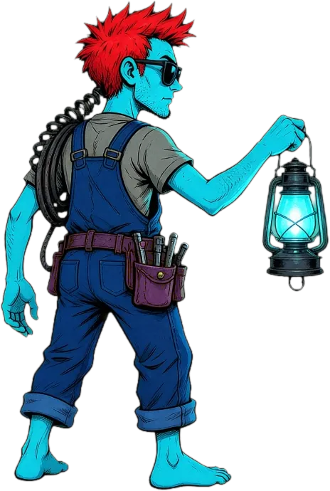 A crew member on the roof holding up a cyan lantern