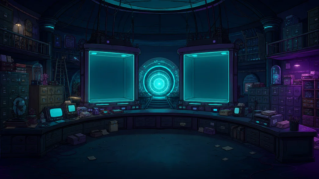 The Registry: cyan-lit display cabinets and rows of old files inside a vaulted archive