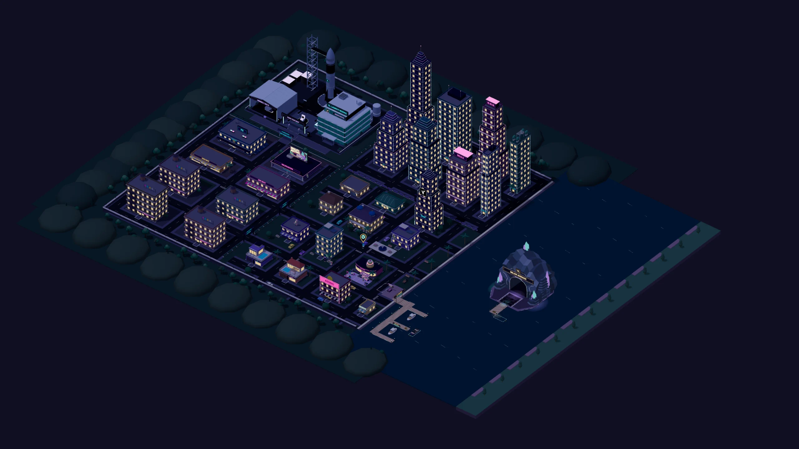 Development preview of Virginia: a layered neon city with high-rise districts, a lake and its marina